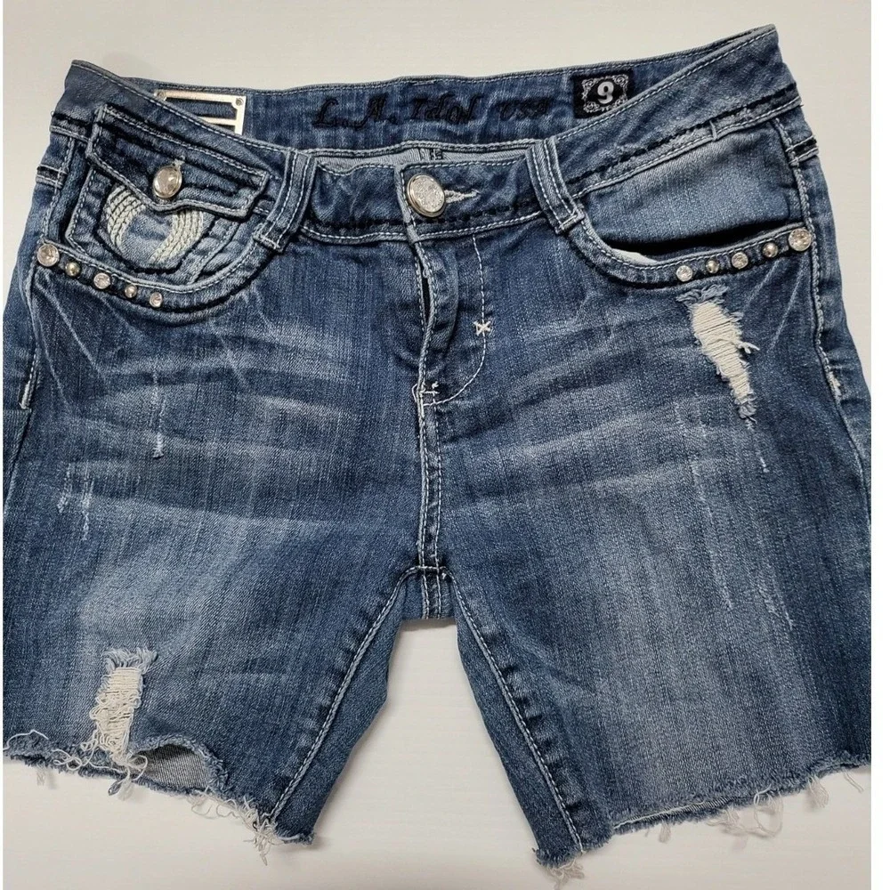 LA Idol USA Womens Distressed Denim Shorts Wing Rhinestone Studded Blue Size 9